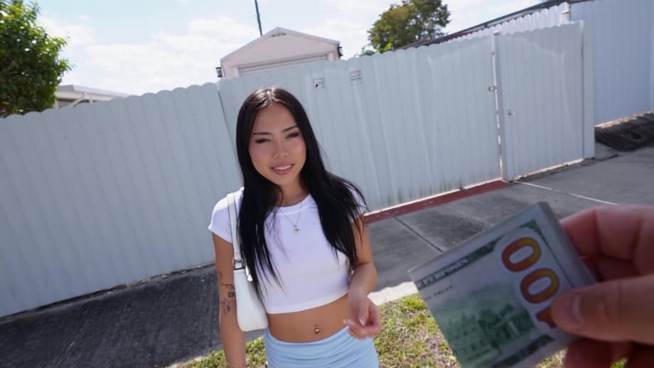 Hot asian model gets banged in a minivan for a couple of bucks