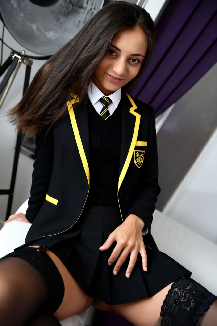 Shrima Malati abre de par en par sus piernas con el uniforme de colegiala, exhibiendo de cerca su coño recién depilado y rosado. - 14