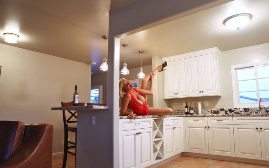Kelly Madison flaunts her massive tits while masturbating bare in her kitchen - 6