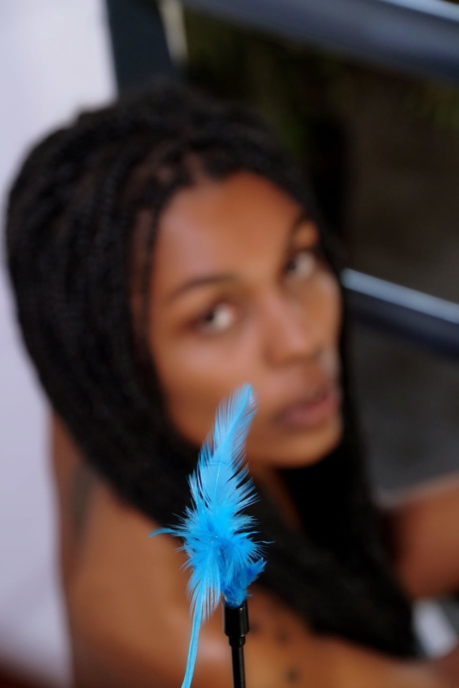 Feathers touches dripping ebony flesh while squeezing huge naked jugs - 2